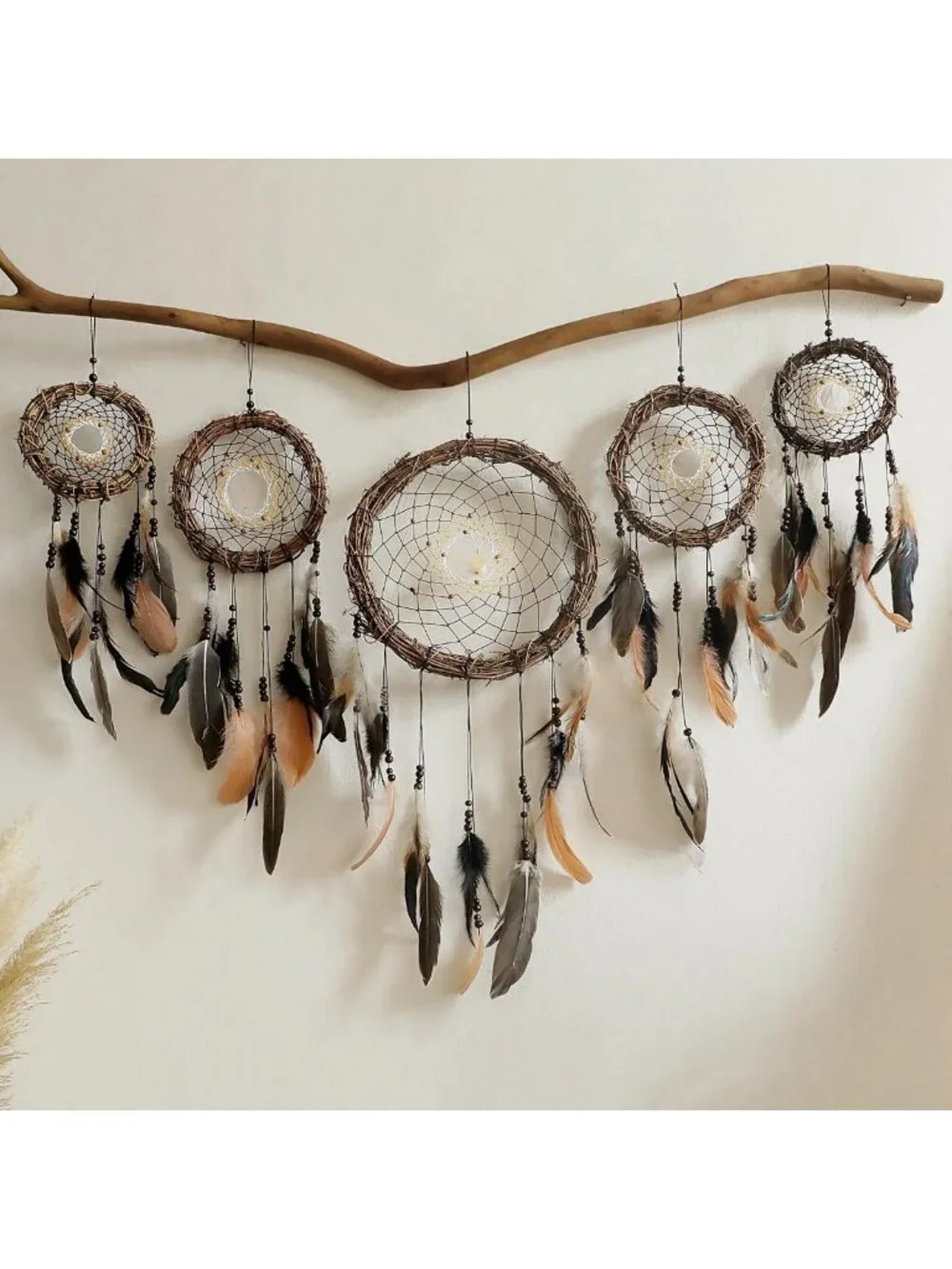 Boho Dream Catcher Wall Art Set - 5 Handmade Rattan Feathers, Rustic Decor